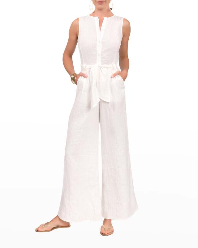 Tori Saddle-Stitch Belted Wide-Leg Jumpsuit
